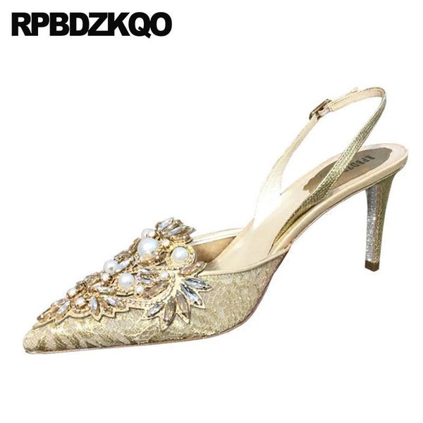 

dress shoes mesh pumps lace pearl crystal jewel bride pointed toe stiletto diamond golden ladies rhinestone high heels gold slingback, Black