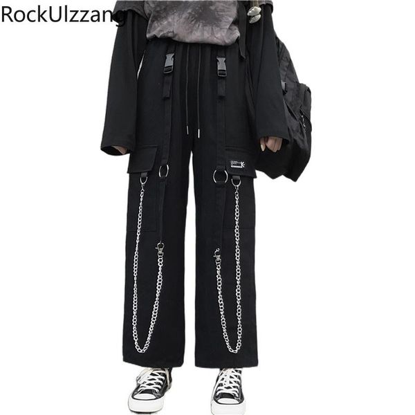 

young woman man streetwear harajuku techwear metal chain ribbon belt cargo jogger hip hop dark black pant loose straight fashion women', Black;white