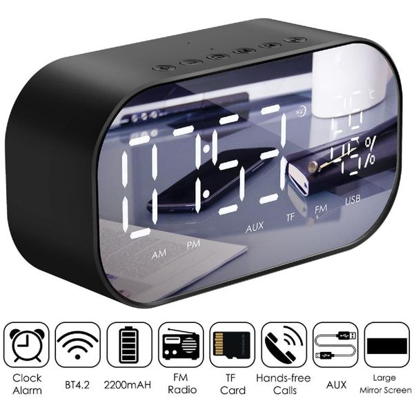

radio digital multifunction hermometer alarm clock with usb charging wireless mirror hifi stereo bass speaker