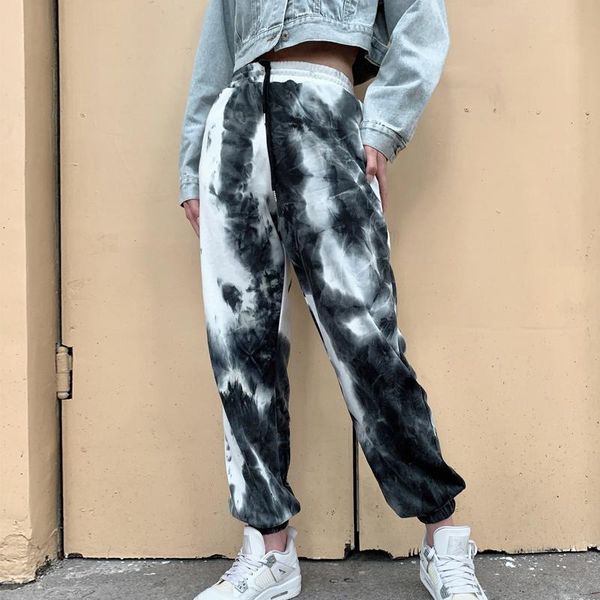 

women fashion tie dye sweatpants lady spring fall casual loose high waist drawstring pants trousers girls streetwear women's & capris, Black;white