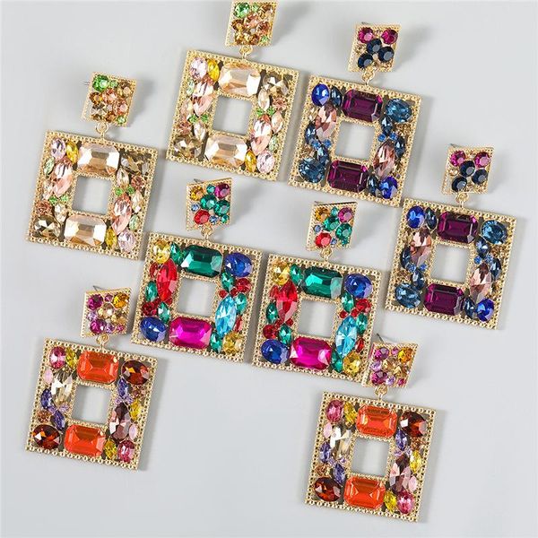 

square drop earrings women bling dangles fashion designer colorful glass drills iced out jewelry exaggerated geometric big statement street, Silver