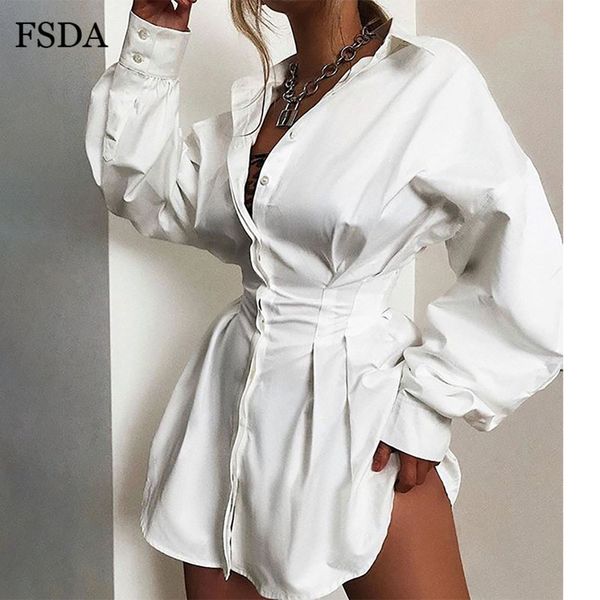 

white mini dress pleated tunic long lantern sleeve office ruched cotton button elegant spring women dress, Black;white