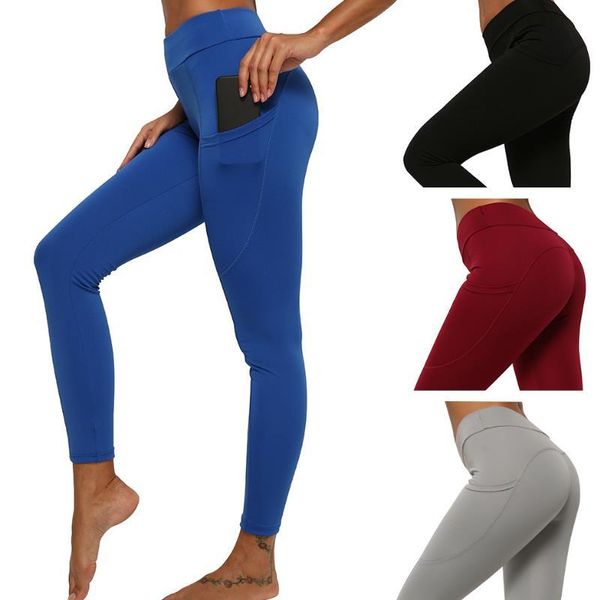 

women's leggings 2021 spring autumn solid gym cell phone pocket underpants pure color stretch hip high waist pants, Black