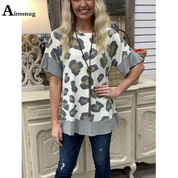 

women's t-shirt aimsnug plus size women elegant leisure casual patchwork leopard print 2021 summer loose tees shirt femme, White