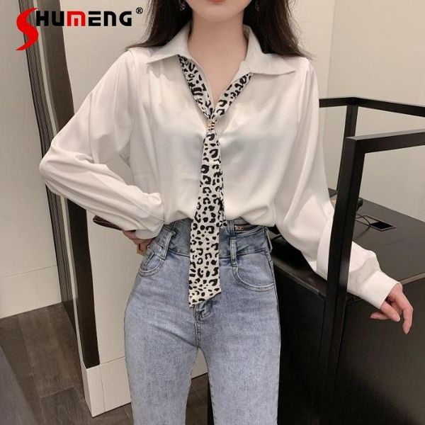 

women's blouses & shirts 2021 spring fall white shirt women silk scarf tie chiffon button up ladies fashion simple solid color office l