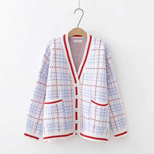 

perhaps u women pink blue houndstooth v neck single breasted button knitted loose sweater cardigans m0011 210529, White