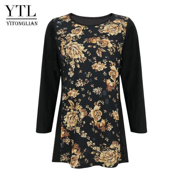 

women's t-shirt yitonglian women long sleeve floral print patchwork tunic casual plus size female h404, White
