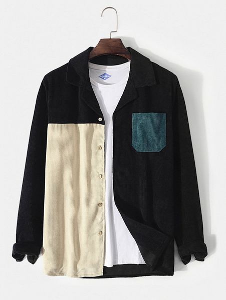 

men color block patched pocket corduroy shirt without tee a2xx#, White;black