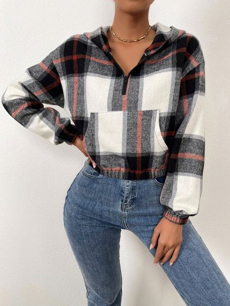 

plaid print half zip kangaroo pocket sweatshirt p3po#, White;black