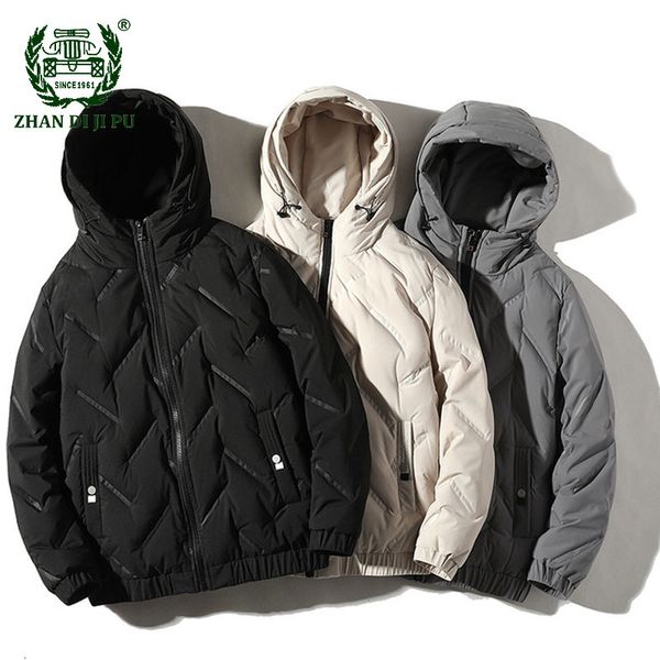 

winter down jacket men fashion casual warm solid color hooded coats male outdoor windproof multi-pockets white duck jackets, Black