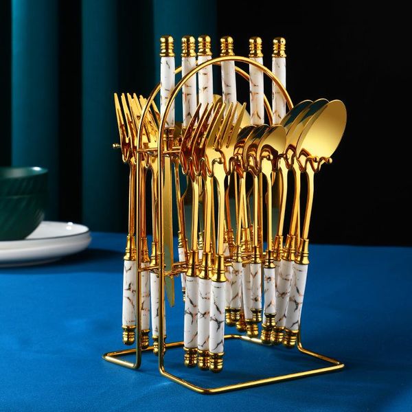 

24pcs/4pcs stainless steel cutlery tableware set ceramic handle fork spoon knife dishwasher safe dinner drop dinnerware sets
