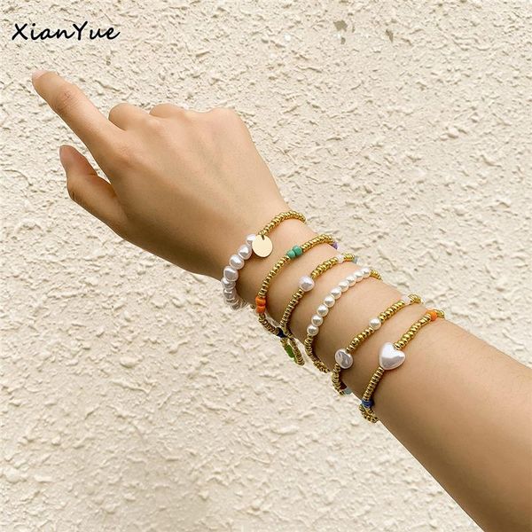 

link, chain boho colorful hand-woven beaded charm bracelet for women geometric round heart bracelets on hand baroque fashion pearls jewelry, Black