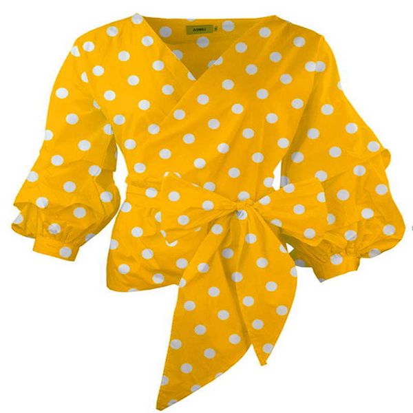 Baumwollschärpen vorne Fliege gelbe Farbe mit weißem Aufdruck Polka Dot Puffärmelblusen für Frauen Plus Größe 3XL Sommeroberteile 210527