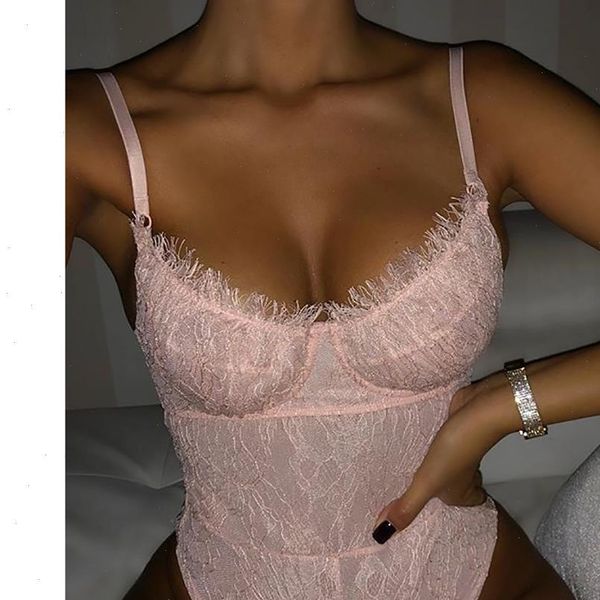 

sale womens rompers women ladies solid sleeveless lace spaghetti strap pink bodysuit mesh hollow out backless spliced babydoll, Black;white
