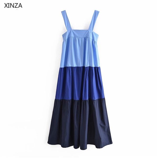 

casual dresses women tiered pleated long sleeveless straps elastic beach fashion patchwork backless blue summer mkg2, Black;gray