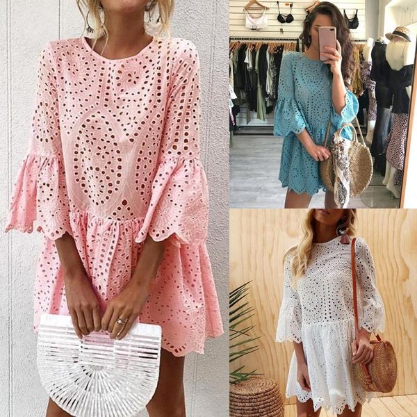 

women's elegant lace half flare sleeves high waist hollow out mini dress a line e56c casual dresses, Black;gray