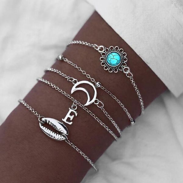 

link, chain diezi vintage letters moon shell bracelets sets for women silver color gift flower statement jewelry gifts, Black