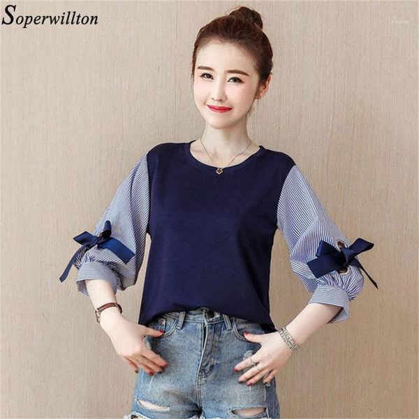 

women blouse shirt striped patchwork 2021 half sleeve lady casual blusas mujer black white blue fashion korean loose e83 women's