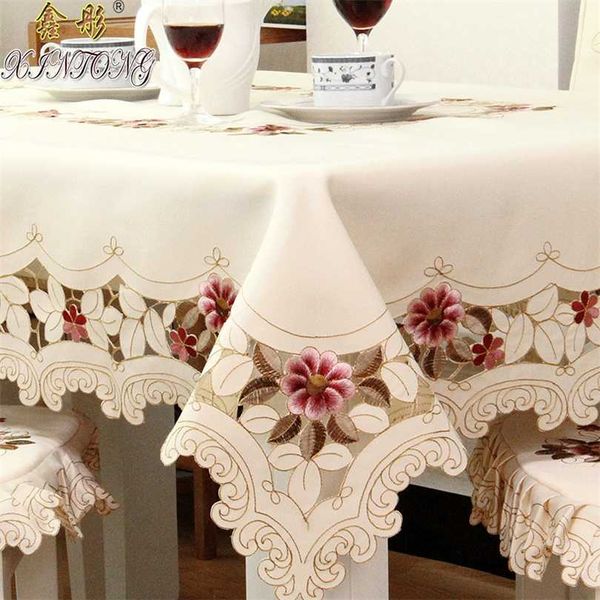 Tischdecke Rechteck Luxus bestickte runde speisen abdeckung hochzeittuch rose blumenstuhl staub 211103