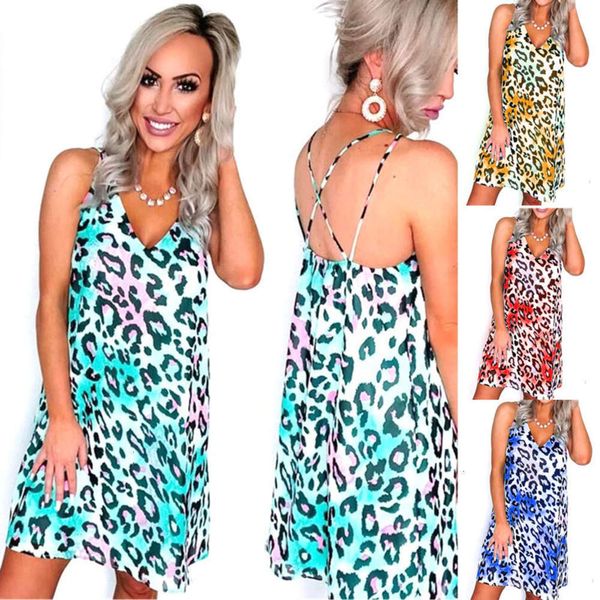 

women's t-shirt summer v-neck leopard suspender dress uwku, White