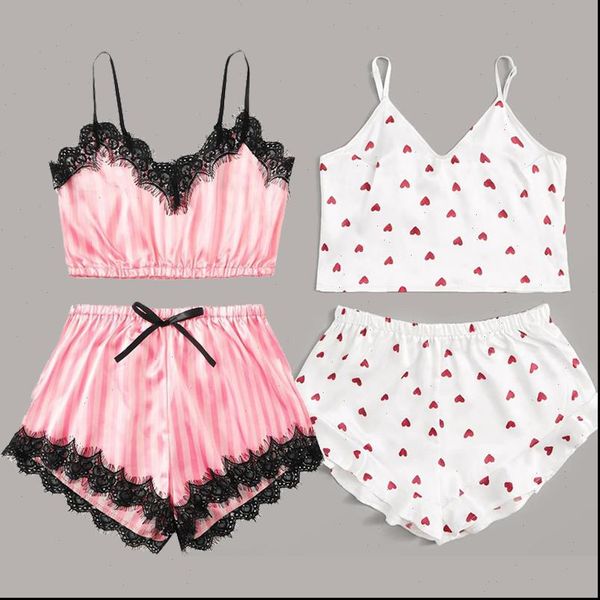 

pajamas v neck silk women sleepwear satin pajama set lingerie lace shorts sleeveless pijama loungewear two piece, Black;red