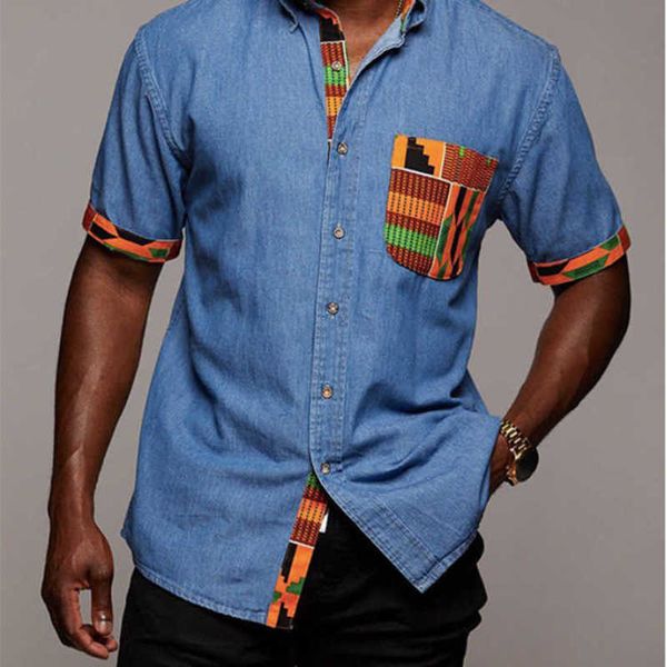 

color matching thin men's denim short sleeve shirt, Black