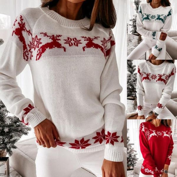 

women's sweaters women sweater festive pullover all-match ribbed cuff classic elk snowflake christmas, White;black