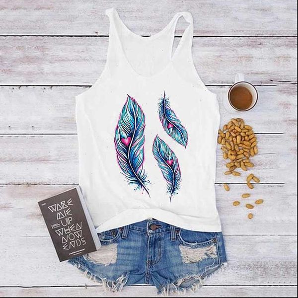 

women tank summer harajuku sleeveless camisole vest feathers dream catcher print casual loose female t shirt 90s, White