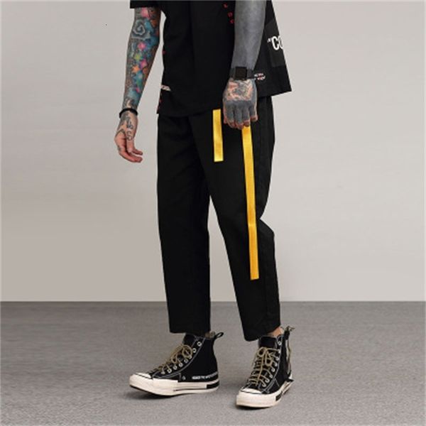 

men's pants black straight solid color with ribbon cotton bottom clothing casual fashion long ninth large size us o4ij