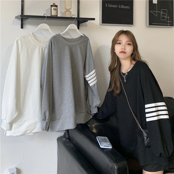 

women's hoodies & sweatshirts female long-sleeve striped sweater, thin hoodie with a round collar, korean style, loose girl jacket, cas, Black