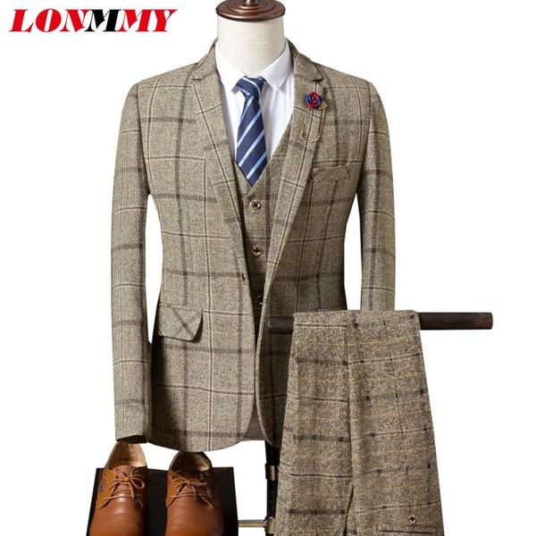

men's suits & blazers lonmmy casual mens jackets slim fit 3 piece sets business fashion wedding dress suit men plaid khaki navy gray, White;black