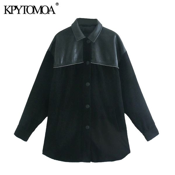 

women fashion patchwork corduroy beads loose jacket coat vintage long sleeve button-up female outerwear chic 210421, Black;brown