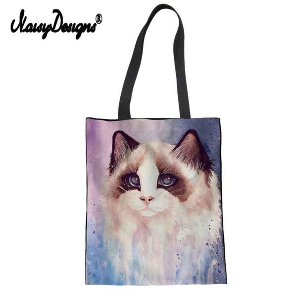 

shopping bags cat painting lady reusable cotton grocery bag women men handbags canvas tote webshop eco foldable draw string
