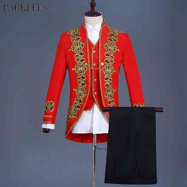 

gold heart embroidery red 3 piece suit men (jacket+pants+vest) brand stand collar slim fit wedding groom stage host ternos red 210522, White;black