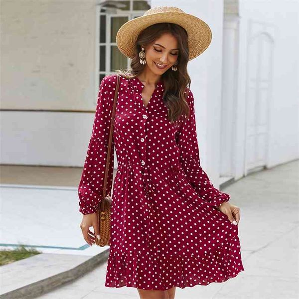 Vintage Polka Dot Shirt Kleid Frauen Laterne Ärmel rot Herbst Winter kurze elegante Damen Knopf lässig 210427