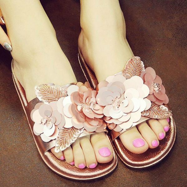 

slippers summer beach women platform bling flower slides flat heel peep toe solid fashion ladies shoes zapatos de mujer, Black