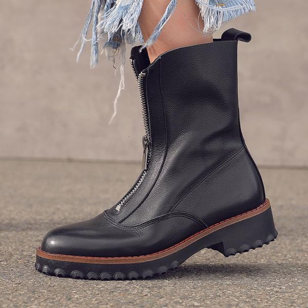 

2021 natural genuine leather metal round toe ladies ankle boots for women square heels spring autumn shoes 2rb7, Black