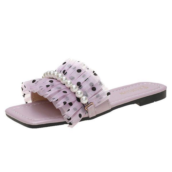 

slippers spring/summer women 2021 fashion solid color flat shoes sandals pearl rhinestone women's all-match casual a602, Black