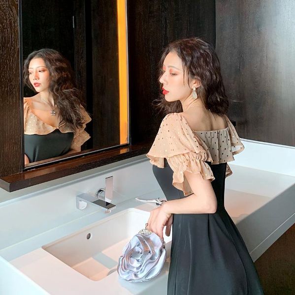 

casual dresses ~ amoi super long fairy temperament hepburn the wind restoring ancient ways collect waist hubble-bubble sleeve dress, Black;gray