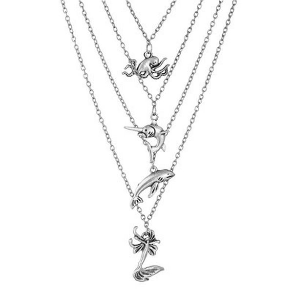 

fashion shine vintage pendant necklace multilayer women gold color shell horn crescent choker necklaces jewelry, Silver