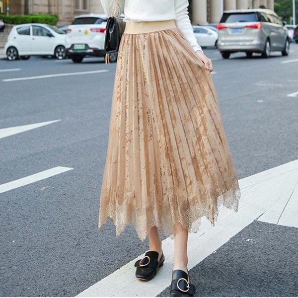 

skirts korea autumn winter skirt women stitching pleated lace velvet ladies elastic high waist party midi long, Black