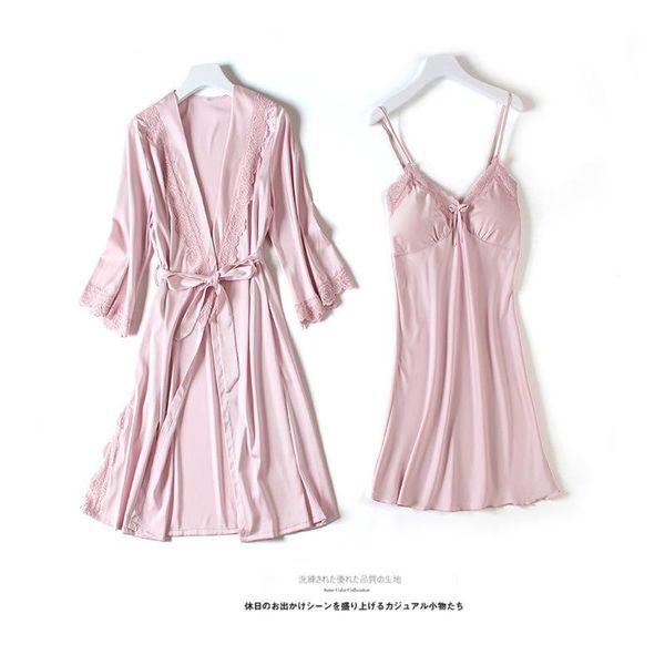 

women's sleepwear summer 2pcs set lady casual bathrobe women lingerie nightdress lounge backless thin v-collar style pink, Black;red