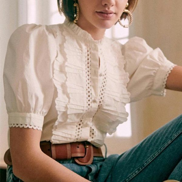 

women's blouses & shirts ruffles femme hollow out lace buttons up puff sleeve shirt white blouse retro mujer chemisier woman