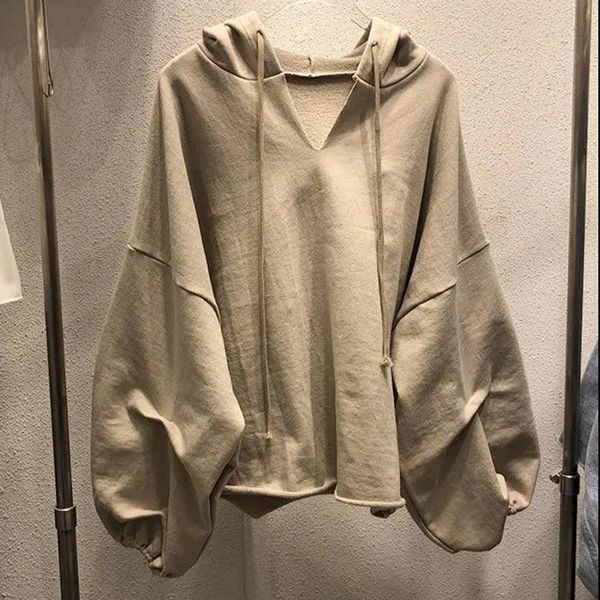 

women's hoodies & sweatshirts oversize lantern sleeve v-neck solid color clothing autumn casual lady rpg2, Black