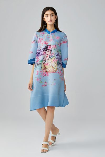 

dress fashion fold half sleeve chinese style printing, Black;gray