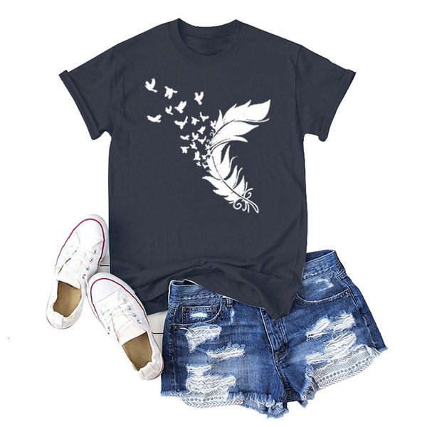 

women casual harajuku fashion t-shirt feather print loose o-neck short sleeve elastic stretched summer home tee shirt, White