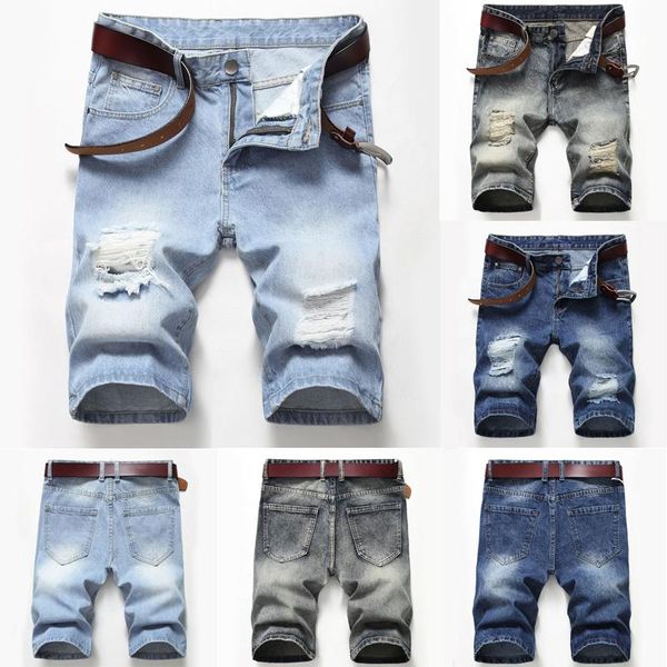 

fashion men casual shorts denim midi jeans knee length pant rip short men's, Blue
