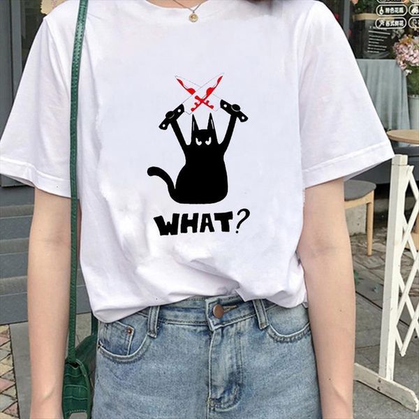 

black cat what murderous knife women t shirts kawaii graphic plus size tee, White