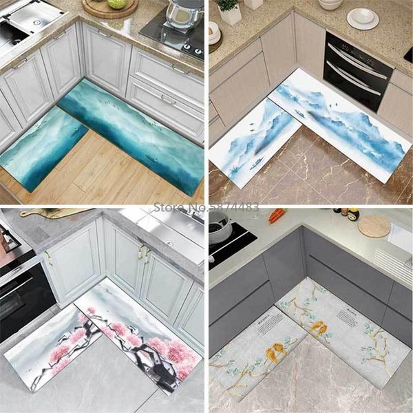 

chinese ink landscape flower and bird kitchen mat combination entry bedroom long non-slip bedside blanket customization carpets
