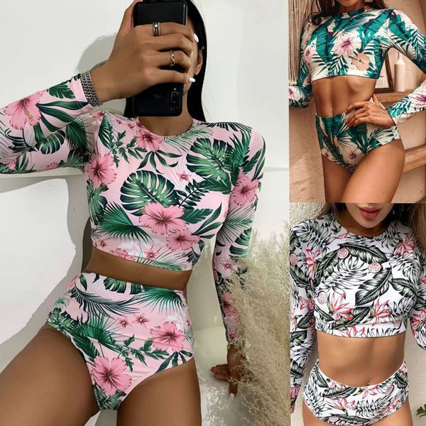 

split bikini printed 2021 zipper high waist women's multicolor long sleeve conservative swimsuit, White;black